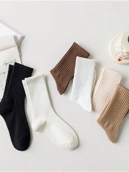 6 Pairs Solid Color Casual Sport Crew Socks, For Women, Autumn/Winter Multicolor