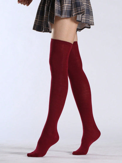 Solid Over The Knee Socks Burgundy