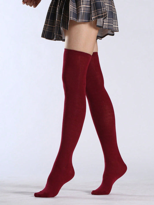 Solid Over The Knee Socks Burgundy