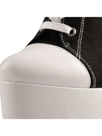 Women's Black High Heel Thick Bottom Contrasting Color Lace-up Canvas Ankle Boots Black and White