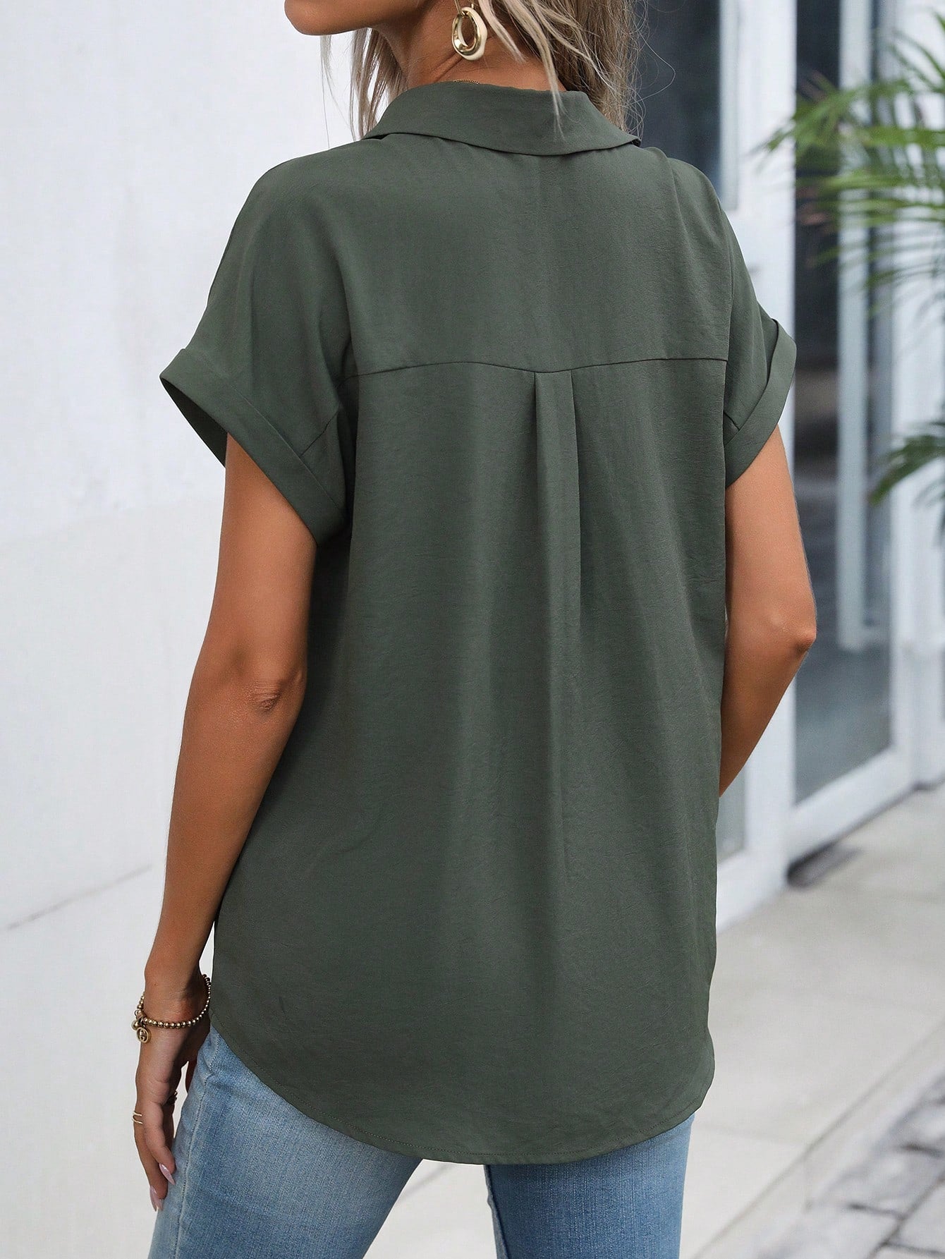 SHEIN LUNE Solid Batwing Sleeve Button Front Shirt,Short Sleeve Tops Army Green