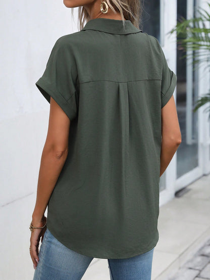 SHEIN LUNE Solid Batwing Sleeve Button Front Shirt,Short Sleeve Tops Army Green