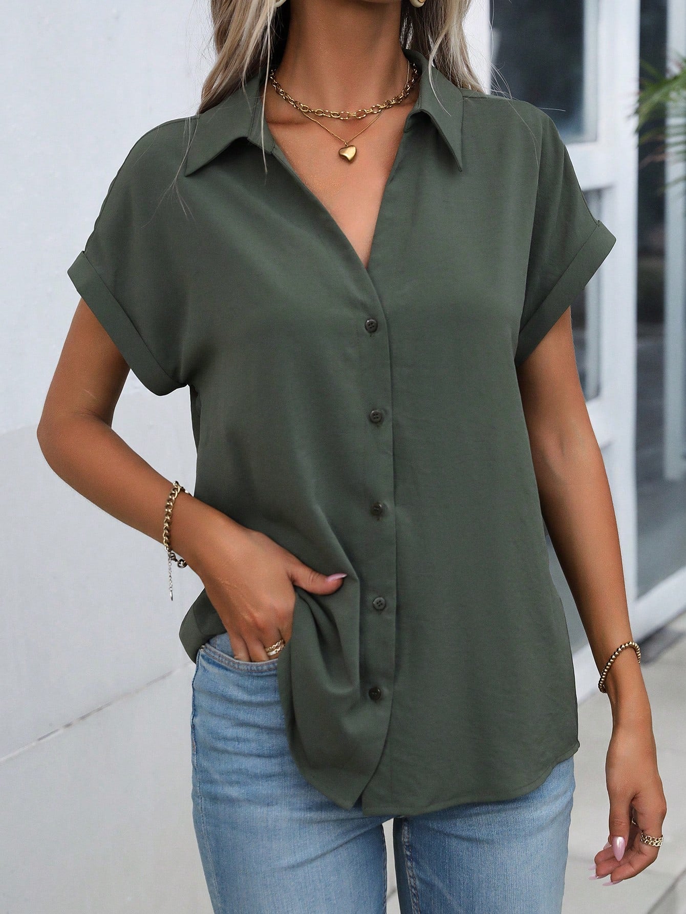 SHEIN LUNE Solid Batwing Sleeve Button Front Shirt,Short Sleeve Tops Army Green