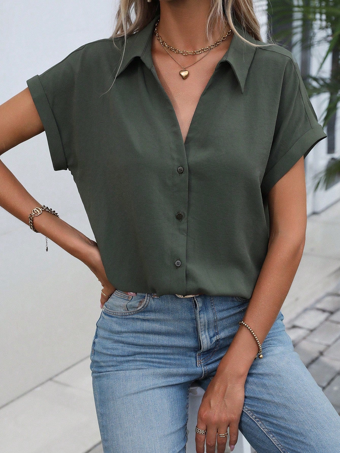 SHEIN LUNE Solid Batwing Sleeve Button Front Shirt,Short Sleeve Tops Army Green