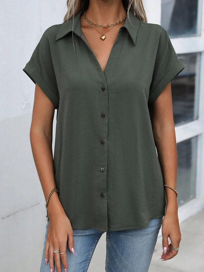 SHEIN LUNE Solid Batwing Sleeve Button Front Shirt,Short Sleeve Tops Army Green