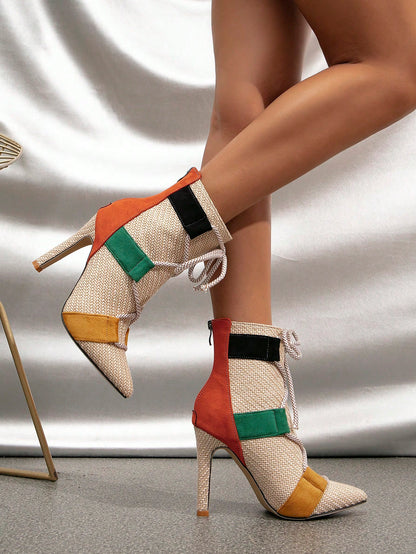 Women's Pointed Toe Stiletto Heeled Ankle Boots Of Classic Style With Cross Straps, Color Blocking Orange And Back Zip Multicolor