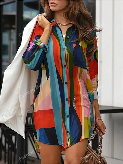 Women's Color Printed Fashion Casual Long-Sleeved Shirt,Long Sleeve Tops Red