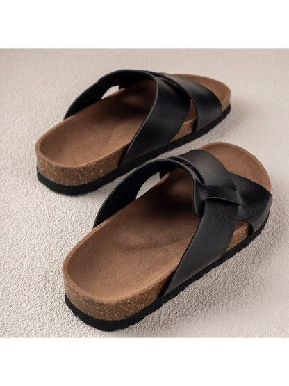 Comfortable, Simple, Fashionable And Versatile Wear-Resistant Lightweight Daily Flat Slippers, One Pair Black