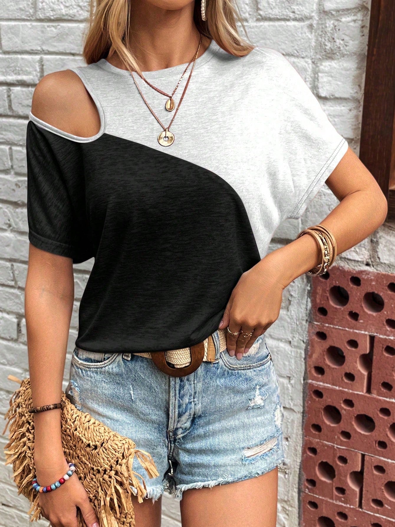 SHEIN Clasi Color Block Hollow Out Short Sleeve T-Shirt Light Grey