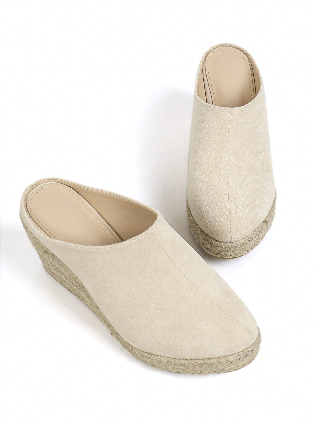 Round Toe Breathable Plush Fabric & Burlap Rope Fashion Wedge Heel Women's Slippers Beige