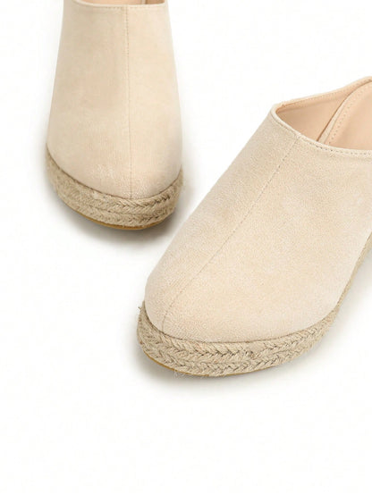 Round Toe Breathable Plush Fabric & Burlap Rope Fashion Wedge Heel Women's Slippers Beige