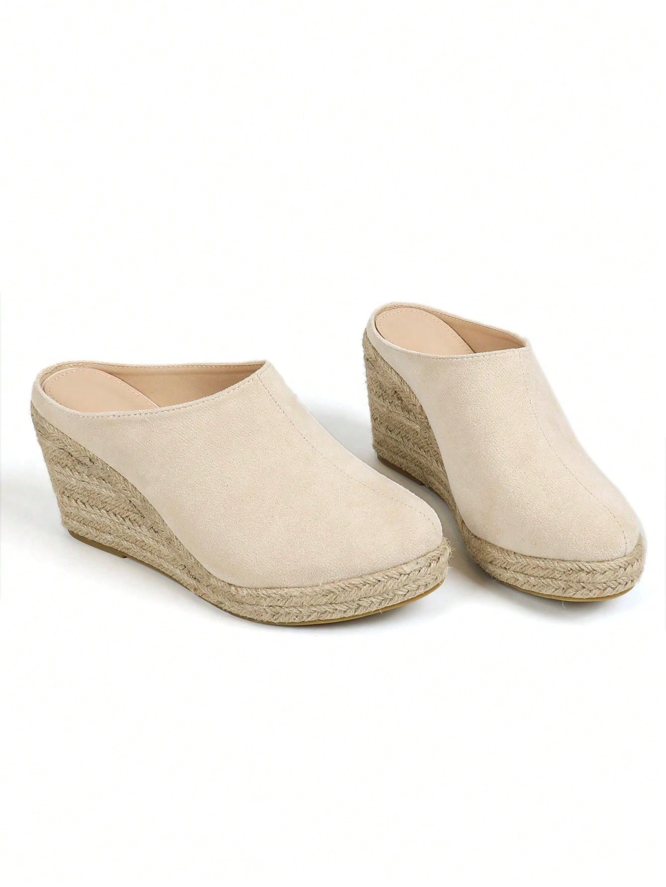 Round Toe Breathable Plush Fabric & Burlap Rope Fashion Wedge Heel Women's Slippers Beige