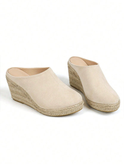 Round Toe Breathable Plush Fabric & Burlap Rope Fashion Wedge Heel Women's Slippers Beige
