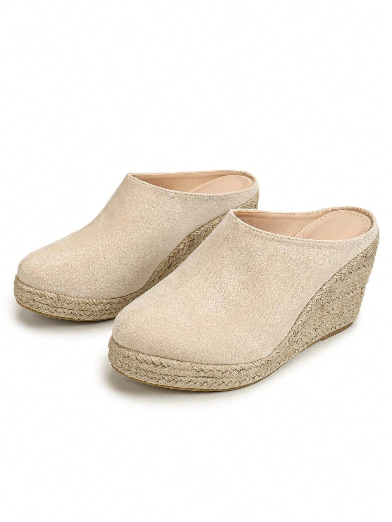 Round Toe Breathable Plush Fabric & Burlap Rope Fashion Wedge Heel Women's Slippers Beige