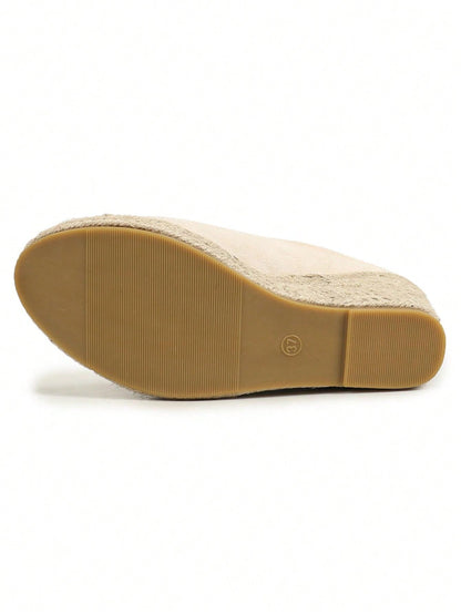 Round Toe Breathable Plush Fabric & Burlap Rope Fashion Wedge Heel Women's Slippers Beige