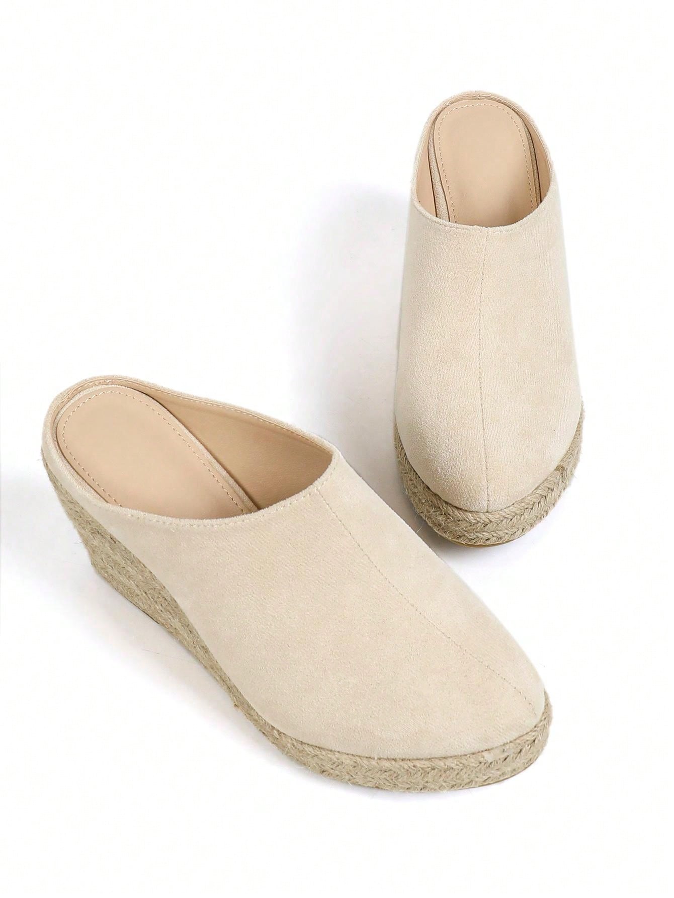 Round Toe Breathable Plush Fabric & Burlap Rope Fashion Wedge Heel Women's Slippers Beige