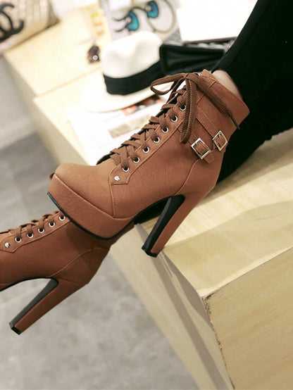 Women's Chunky Heel Short Boots, Waterproof Platform, High Heel, Lace-up Motorcycle Boots Brown
