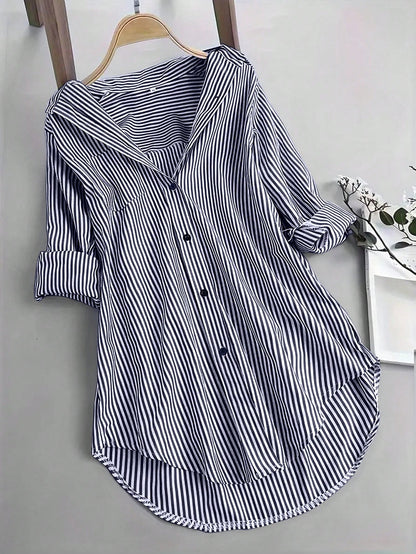 INAWLY Women's Oversized Striped Casual Shirt, Short Front Long Back Design,Long Sleeve Tops Navy Blue