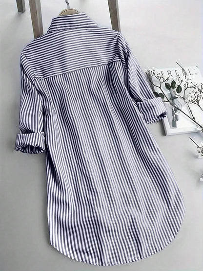 INAWLY Women's Oversized Striped Casual Shirt, Short Front Long Back Design,Long Sleeve Tops Navy Blue
