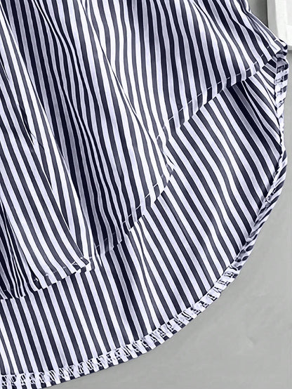 INAWLY Women's Oversized Striped Casual Shirt, Short Front Long Back Design,Long Sleeve Tops Navy Blue