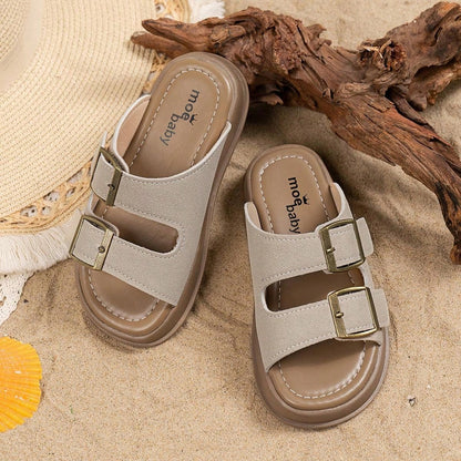 Summer Soft Sole Kids Slippers Sandals Flat Shoes Beach Shoes Unisex Big Kids Open Toe Retro Flip Flops Non-Slip Beige