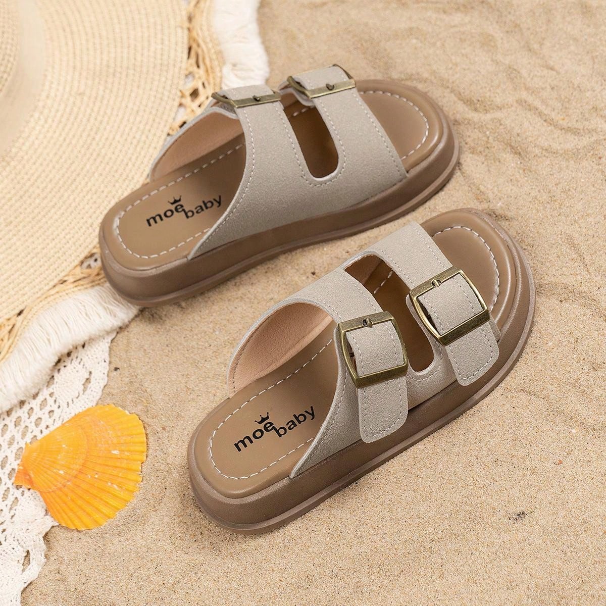 Summer Soft Sole Kids Slippers Sandals Flat Shoes Beach Shoes Unisex Big Kids Open Toe Retro Flip Flops Non-Slip Beige