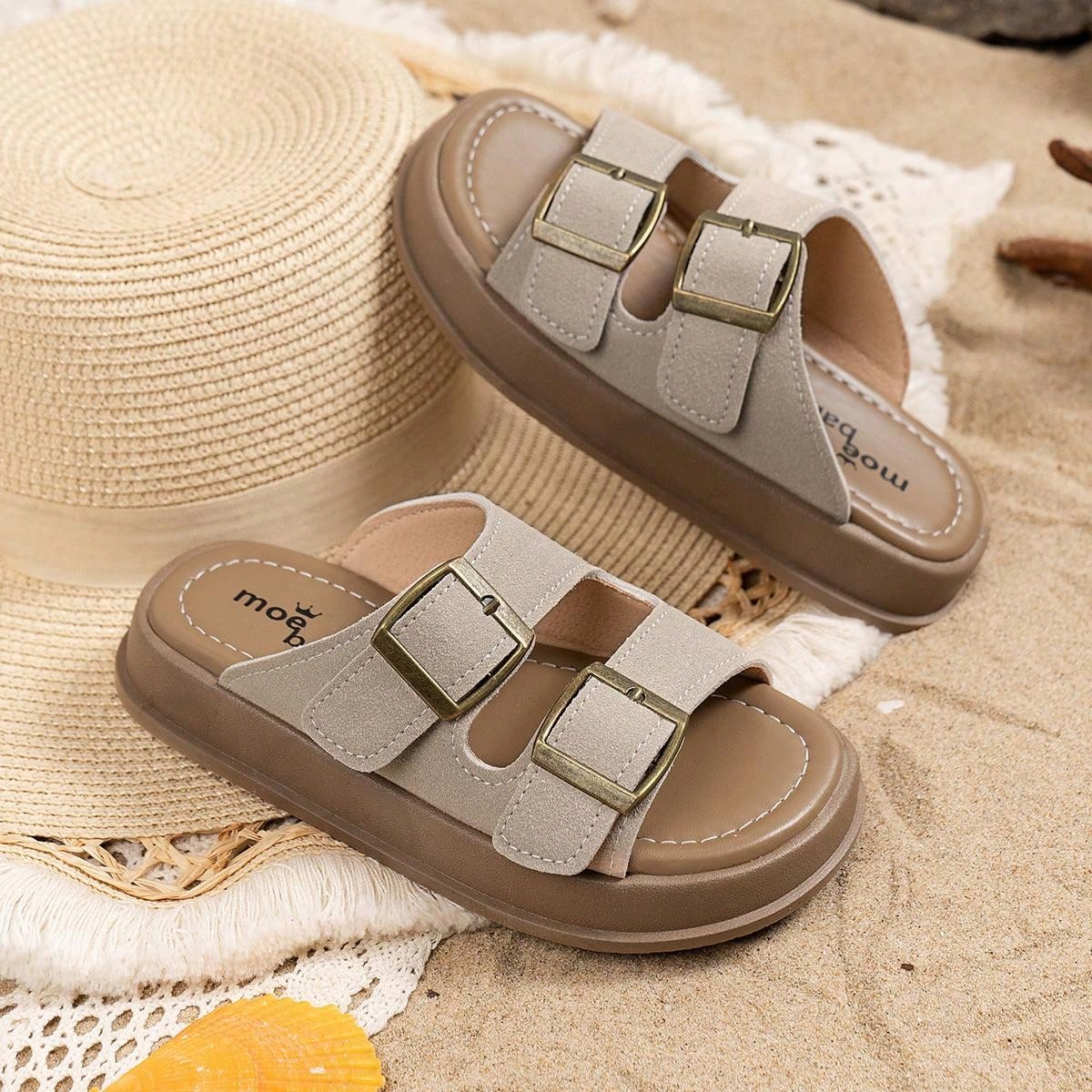 Summer Soft Sole Kids Slippers Sandals Flat Shoes Beach Shoes Unisex Big Kids Open Toe Retro Flip Flops Non-Slip Beige