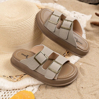 Summer Soft Sole Kids Slippers Sandals Flat Shoes Beach Shoes Unisex Big Kids Open Toe Retro Flip Flops Non-Slip Beige