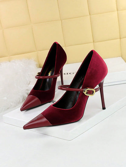 Party High Heels Thin Heels Low Vamp Pointed Suede & Metallic Buckle Detail Single Strap Women's Shoes Burgundy