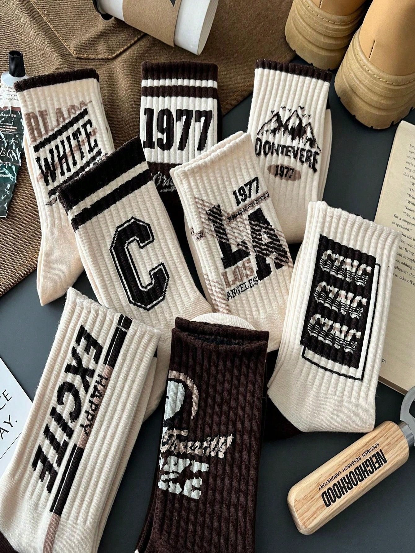 8 Pairs Of Socks Coffee Color American Men's Mid-Tube Winter Socks Deodorant Mid-Tube Sports Men's Socks Are Suitable For Everyday Use White