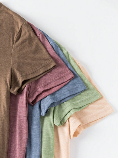 INAWLY Crew Neck Solid Color Short Sleeve Women's T-Shirt Multicolor
