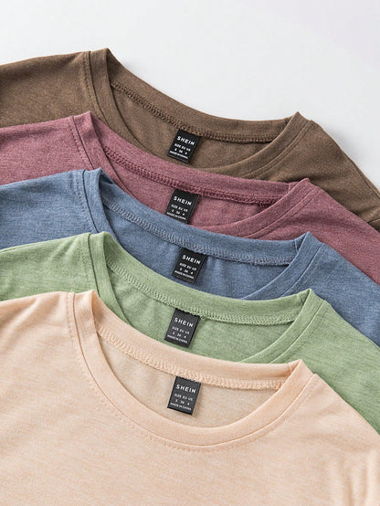 INAWLY Crew Neck Solid Color Short Sleeve Women's T-Shirt Multicolor