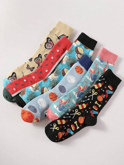 10pairs/Set Men's Mid-Calf Socks In Random Design With Basketball & Butterfly Printed, Soft, Comfortable, Anti-Odor & Moisture Absorbing Multicolor