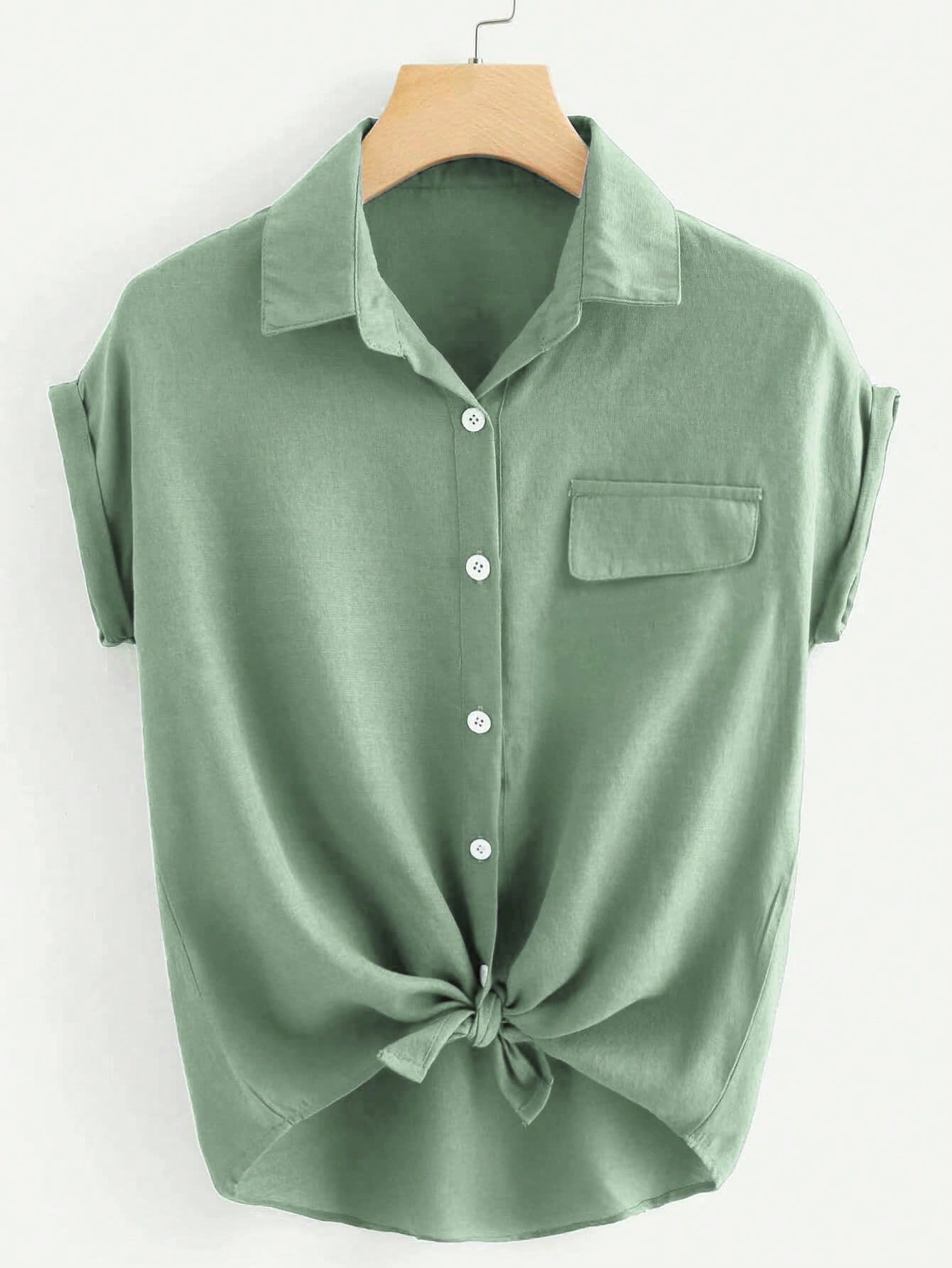 SHEIN LUNE Rolled Cuff Knotted Hem Shirt Mint Green