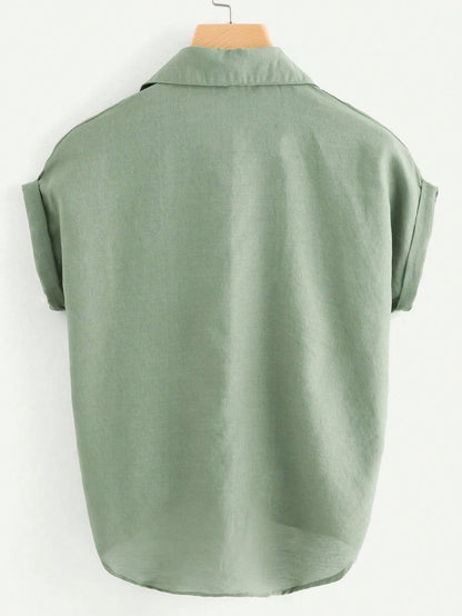 SHEIN LUNE Rolled Cuff Knotted Hem Shirt Mint Green