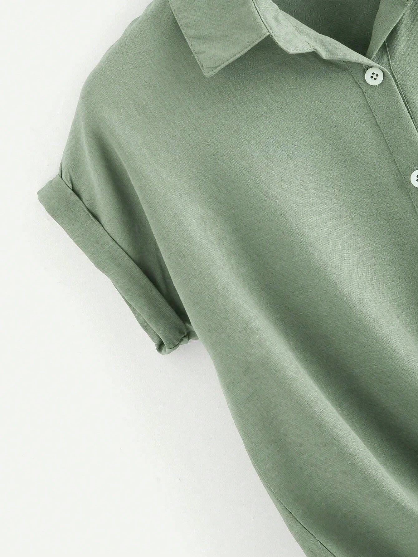 SHEIN LUNE Rolled Cuff Knotted Hem Shirt Mint Green