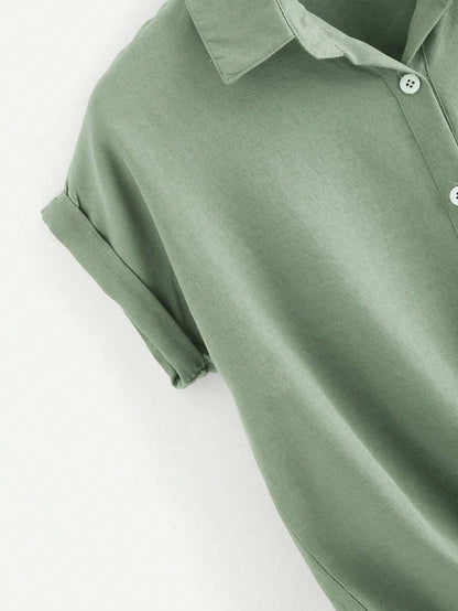 SHEIN LUNE Rolled Cuff Knotted Hem Shirt Mint Green