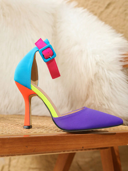 New European And American Women High Heels, Fashionable Pointed Toe, Slimming, Stilettos, All-Match Color Matching Shoes For All Seasons Valentines Multicolor