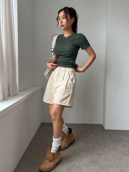 DAZY Women Fashionable Slim Fit Solid Color Short Sleeve T-Shirt Dark Green
