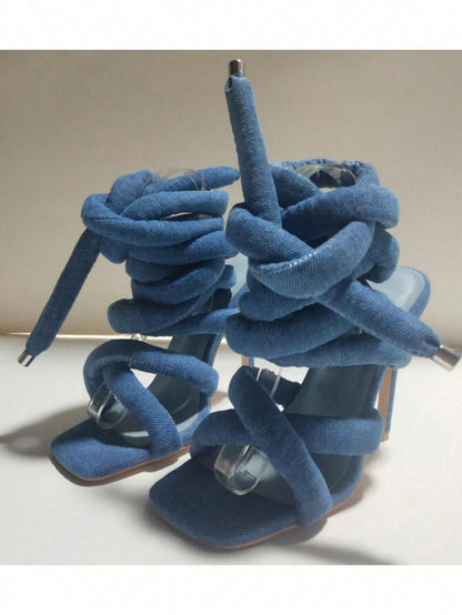 Women Peep Toe Stiletto Heels Cross Strap Ankle Wrap Sandals, Large Size Blue