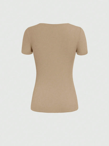 INAWLY Women Solid Color Button-Front Slim Fit Short Sleeve T-Shirt For Summer Apricot