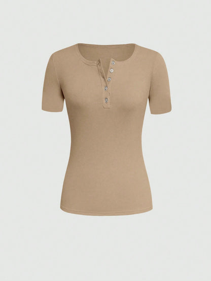 INAWLY Women Solid Color Button-Front Slim Fit Short Sleeve T-Shirt For Summer Apricot