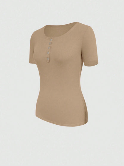 INAWLY Women Solid Color Button-Front Slim Fit Short Sleeve T-Shirt For Summer Apricot