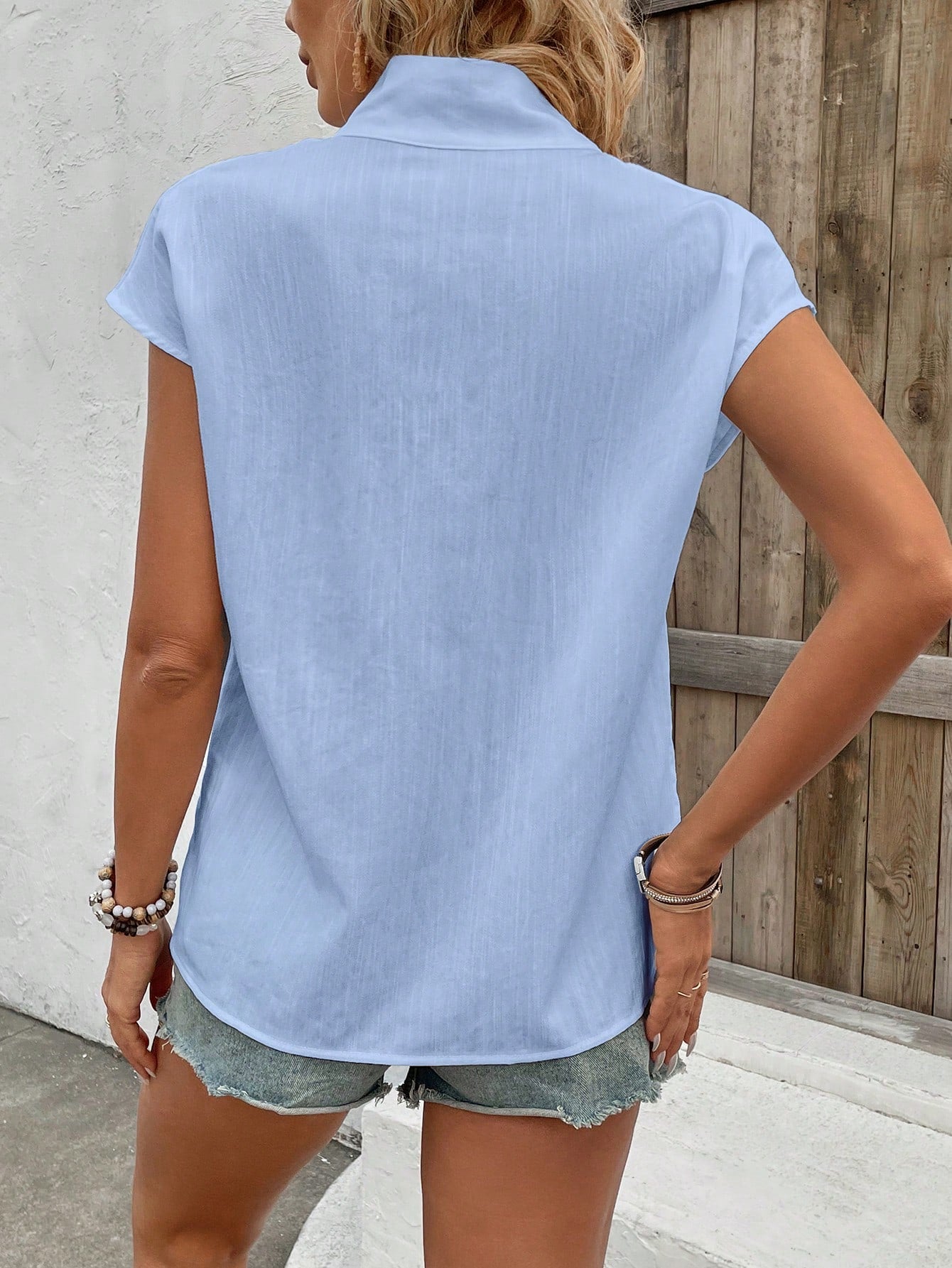 EMERY ROSE Women's Summer Stand Collar Single-Breasted Batwing Sleeve Loose Casual Shirt,Short Sleeve Tops Baby Blue