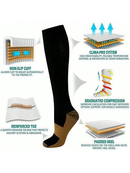 5 Pairs Copper Compression Socks Mens Womens S/M L/XL XXL 20-30mmHg Support Knee High Socks Stockings Unisex Energy Ankle Support Running Athletic Sports Fitness Socks Black