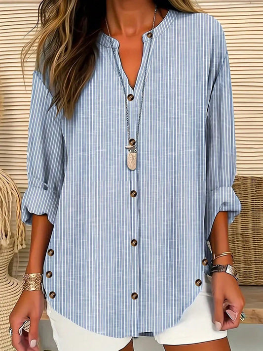INAWLY Women's Vertical Striped Notched Collar Shirt,Long Sleeve Tops Blue