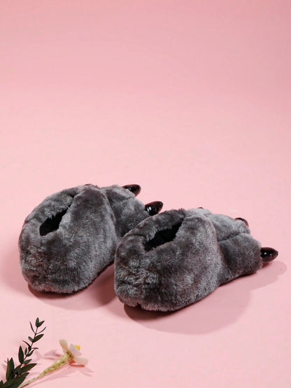 Fun Dinosaur Claw Design Plush-Lined Slip-On Slippers, Kids' Warm Cartoon Scuff House Slippers For Boys Girls, Halloween Theme, For Halloween Party Grey