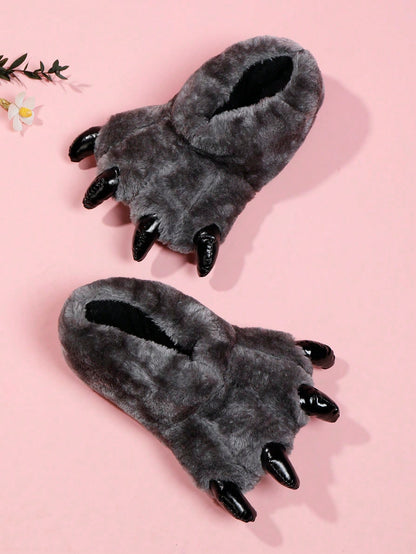 Fun Dinosaur Claw Design Plush-Lined Slip-On Slippers, Kids' Warm Cartoon Scuff House Slippers For Boys Girls, Halloween Theme, For Halloween Party Grey