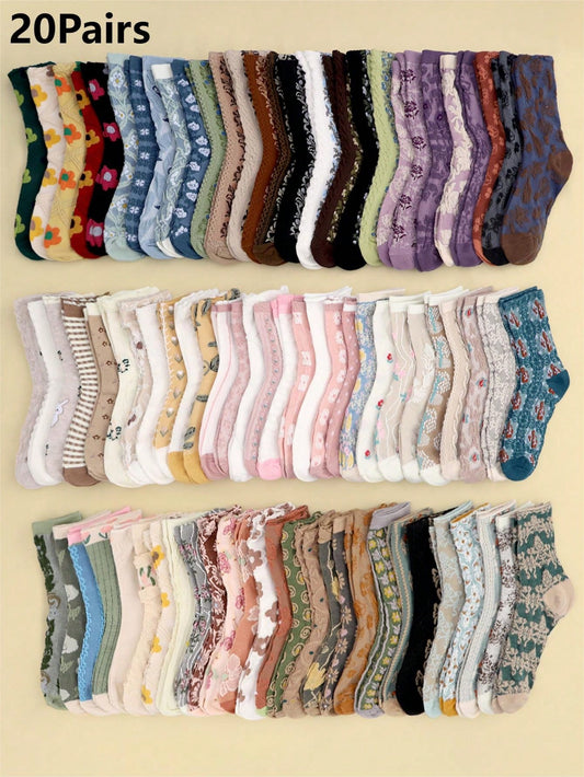 20pairs Women Retro 3D Floral Print Casual Comfortable Mid-Calf Socks Multicolor