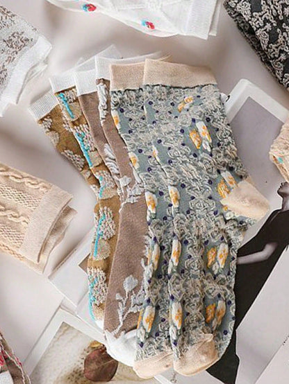 20pairs Women Retro 3D Floral Print Casual Comfortable Mid-Calf Socks Multicolor